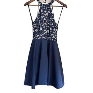 B. Darlin Navy Blue Lace & Mesh Halter Fit & Flare Dress With Lined Skirt